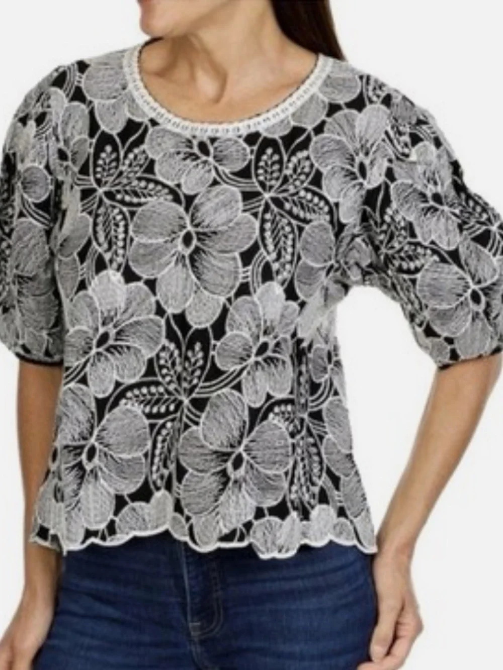 Anthropologie Solitaire Boho Floral Puff-Sleeve Embroidered Top